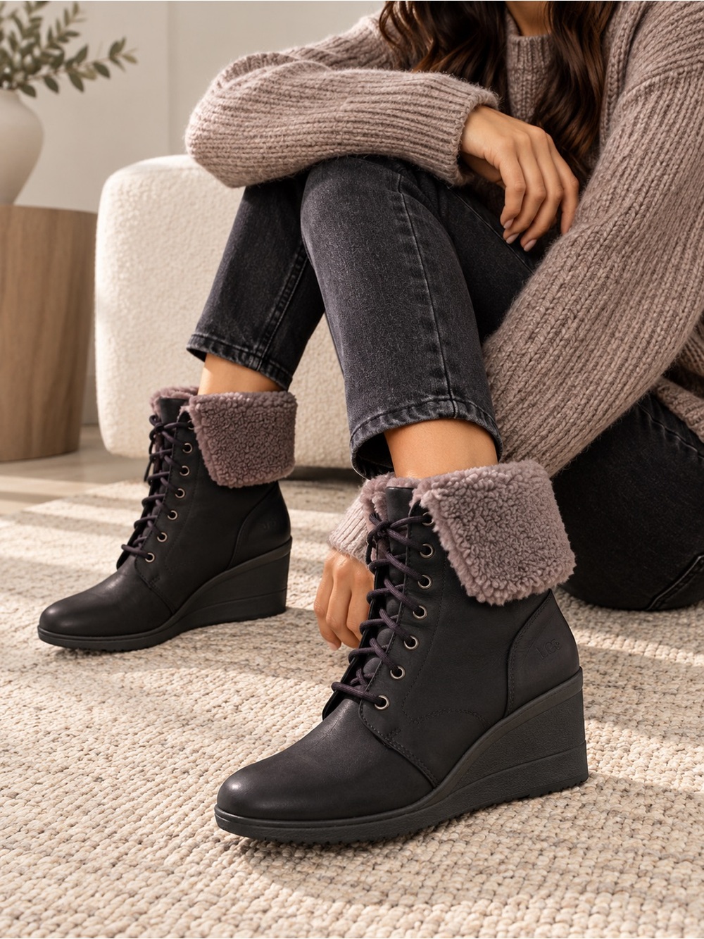 UGG Zea Black Leather Shearling Wedge Boots Size 7 Waterproof